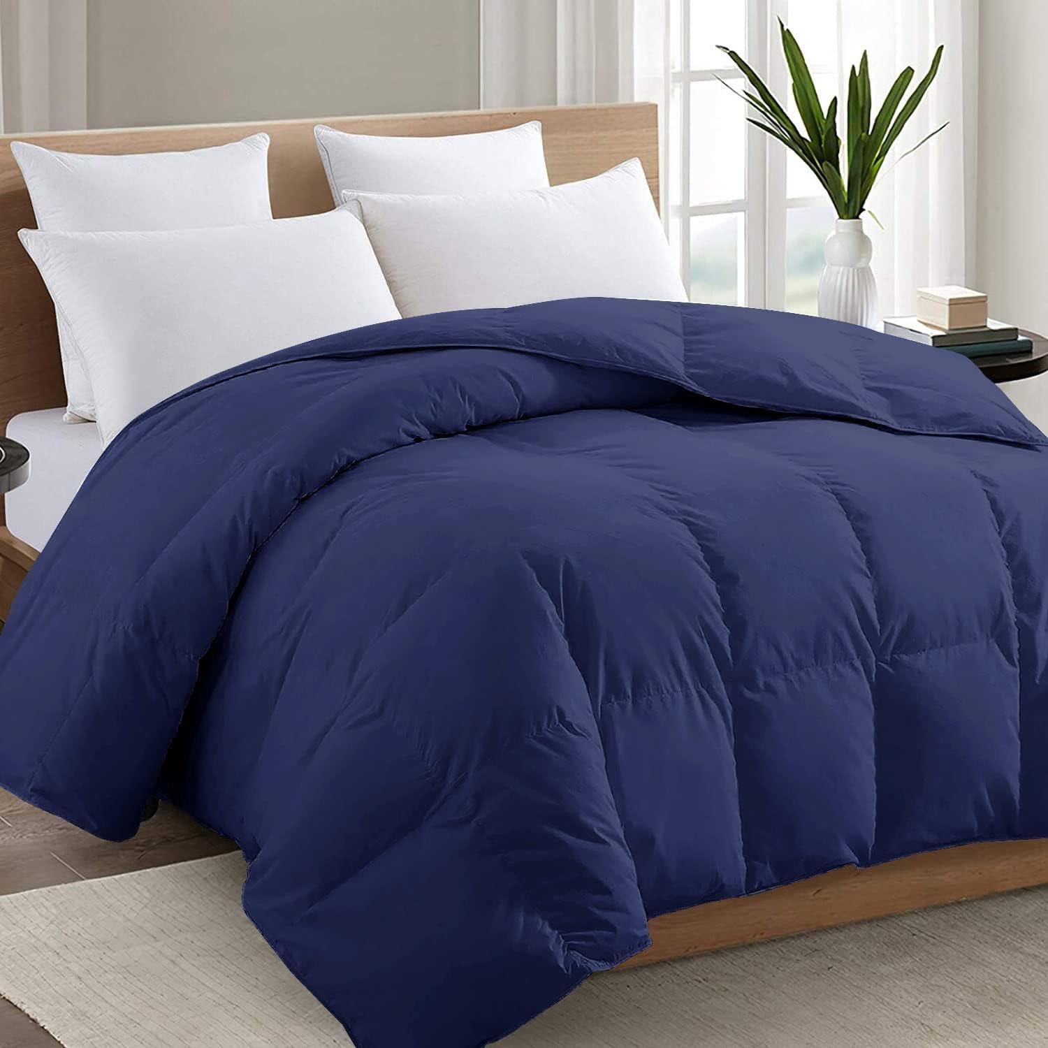 Queen Navy Blue Comforter, All Season Quilted Down Alternative Duvet Insert with Corner Tabs, Breathable Bed Comforter, Summer Warm