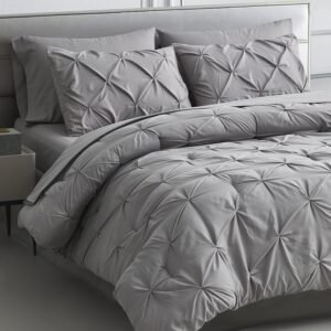 Queen Comforter Set - 7 Pieces Pintuck Bed in A Bag Queen Pleat Pinch - Comforters Queen Size - Comforter Set with Flat Sheet, Fitted Sheet and Pillowcases & Shams, Grey