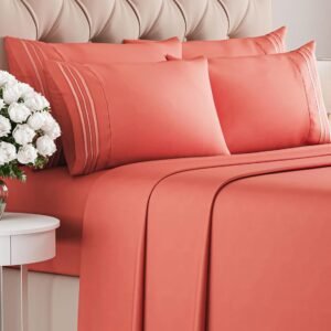 Queen 6 Piece Sheet Set - Breathable & Cooling Sheets - Hotel Luxury Bed Sheets - 1 Flat Sheet, 1 Fitted Sheet & 4 Pillowcases - Deep Pocket - Easy Fit, Soft & Wrinkle Free - Queen Coral Sheets