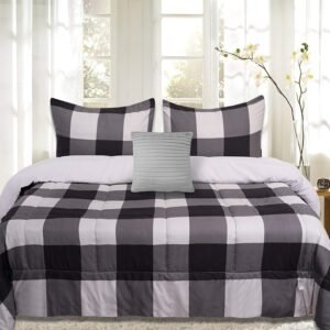 7 Piece Comforter Set Bag Solid Color All Season Soft Down Alternative Blanket & Luxurious Microfiber Bed Sheets, Full, Buffalo Plaid Black/Gray/Black Sheet