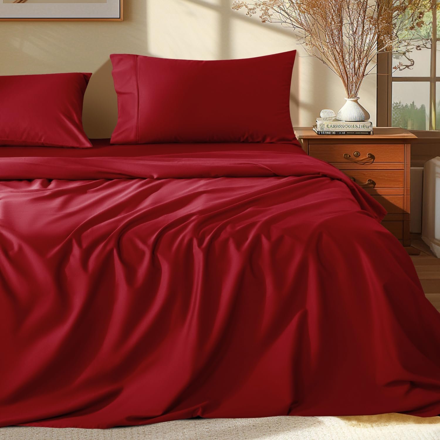100% Egyptian Cotton Queen Size Sheets Set - 1000 Thread Count,Luxury Cotton Bed Sheets,Breathable & Cooling Bedding and Pillow Cases, 16 Inch Deep Pocket - 4 Piece (Burgundy, Queen)