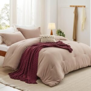 Full Comforter Set with Throw Blanket - 5 Pieces Boho Bedding, Down Alternative Bed in a Bag，Warm Taupe Bed Set with Comforter, Pillow Shams, Throw Pillow, Chenille Blanket
