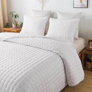 White Queen Size Quilt Bedding Sets with Pillow Shams, Lightweight Soft Bedspread Coverlet, Quilted Blanket Thin Comforter Bed Cover, All Season Summer Spring, 3 Pieces, 90x90 inches