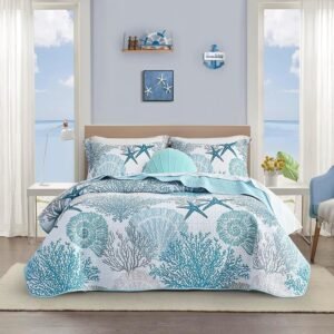 3 Piece Coastal Quilt Sets Full/Queen Size - Reversible Microfiber  with 2 Shams Soft Lightweight Beach Bedding Nautical Bedspread Coverlet Summer Comforter for All Season, 90''x96'', C1
