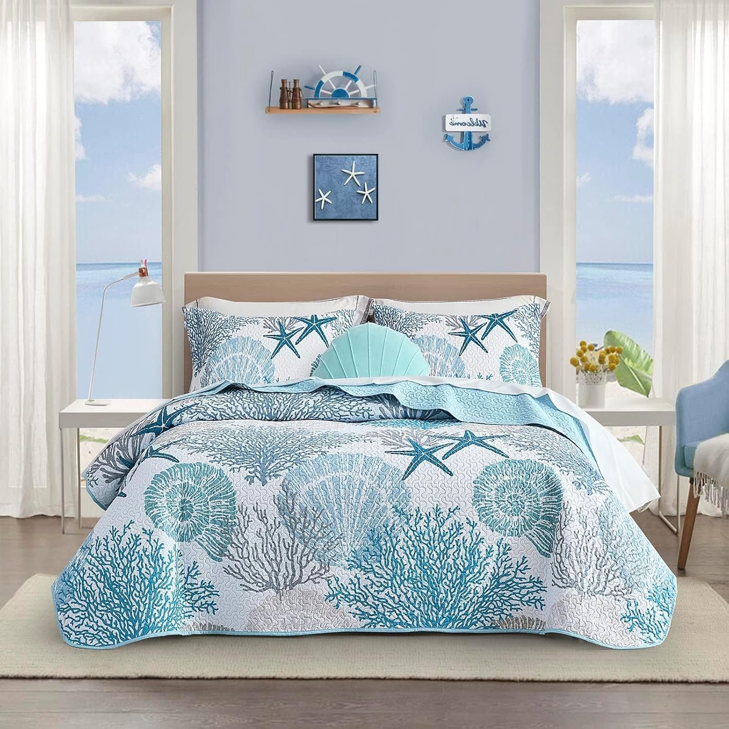 3 Piece Coastal Quilt Sets Full/Queen Size - Reversible Microfiber with 2 Shams Soft Lightweight Beach Bedding Nautical Bedspread Coverlet Summer Comforter for All Season, 90''x96'', C1