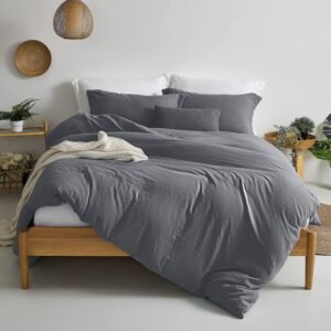 Super Soft Duvet Cover - 100% Washed Microfiber Dark Grey Comforter Cover Set 3 Pieces with Zipper Closure & Corner Ties (No Comforter)