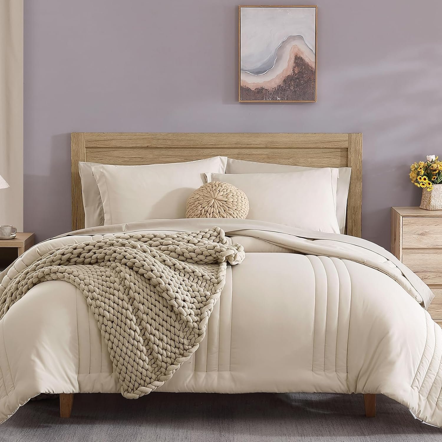 Queen Comforter Set - 7 Pieces Apricot Beige Bed in a Bag Queen Bedding Sets with Comforters, All Seasons Down Alternative Comforter Bed Set with Sheets,Pillowcases & Shams