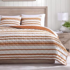 Quilt Set Queen Size, Chenille Burnt Orange Stripe Quilt with Geometric Diamond Stitched Pattern, Reversible Microfiber Bedding Bedspread Coverlet for All Season