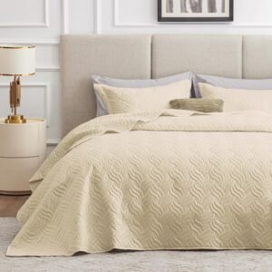 for Queen Bed Camel Bedspreads Bedding Set - Summer Quilt Lightweight Microfiber Bedspread - Wave Pattern Bedding Coverlet for All Season - 3 Piece (1 Quilt, 2 Pillow Shams)