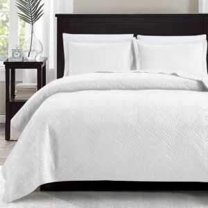 for Queen Bed White Bedspreads - Soft Bed Summer Quilt Lightweight Microfiber Bedspread- rn Style Wave Pattern Coverlet for All Season - 3 Piece (1 Quilt, 2 Pillow Shams)