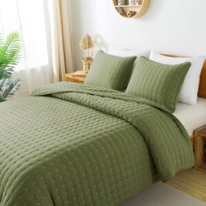 Green Queen Size Quilt Bedding Sets with Pillow Shams, Dark Sage Olive Lightweight Bedspread Coverlet, Quilted Blanket Thin Comforter Bed Cover, All Season Summer Spring, 3 Pieces, 90x90 inches