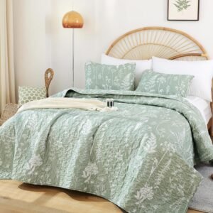 Queen Size Sage Green Quilt Botanical with Floral Pattern Microfiber Bedspreads Queen Size 3 Pieces Lightweight Comforter Reversible Bedding Set with 2 Pillow Cases