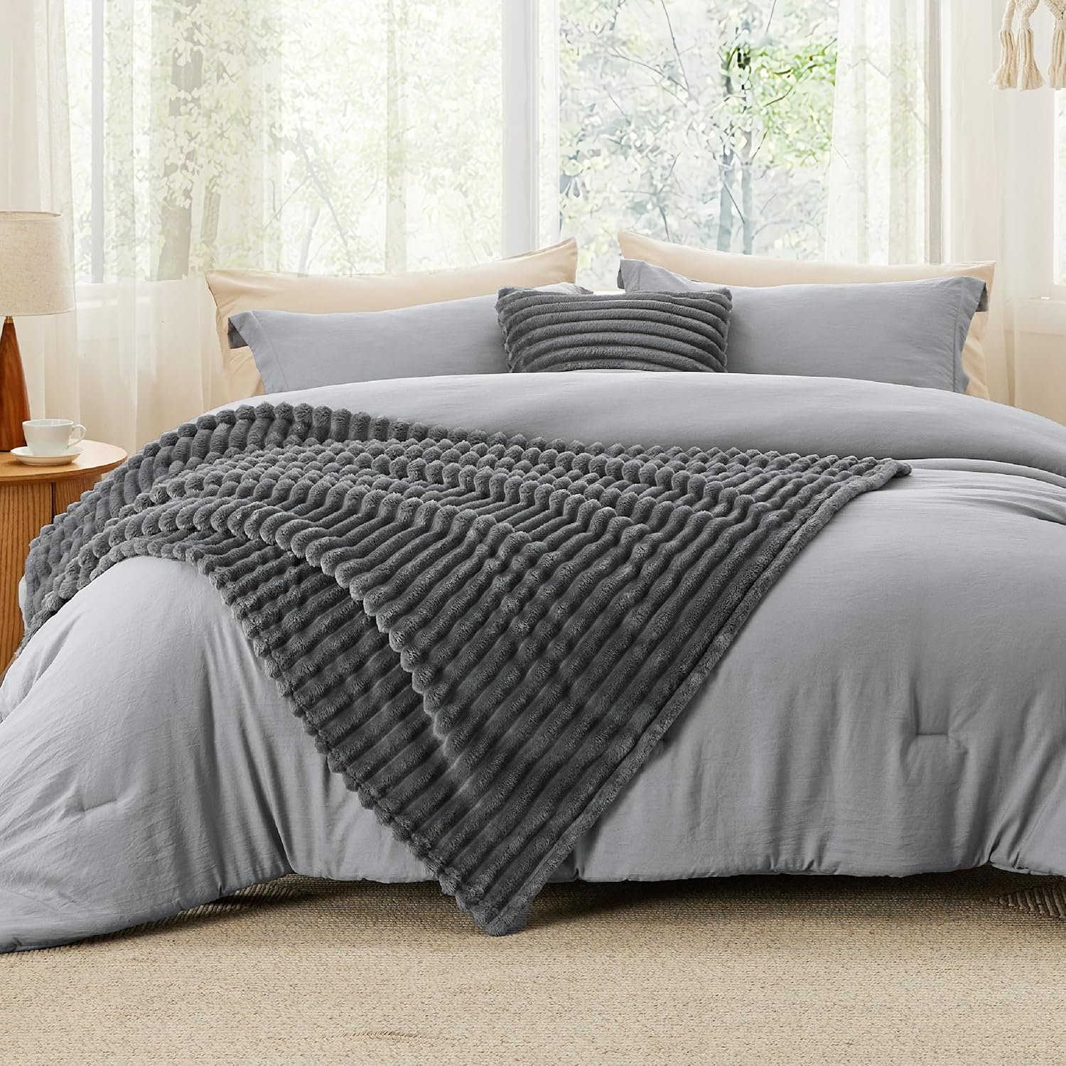 Twin Comforter Set 4 Pieces - Bed in a Bag with Throw Blanket and Decorative Pillow, Lightweight Bedding Comforter Sets, All Season Bedding, Dark Grey - Image 2