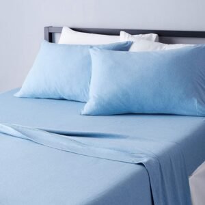 4 Piece Bed Sheets Set, 100% Cotton Jersey, Includes Super Soft, Flat and Fitted Sheets, Pillowcase, King, Sky Blue, Solid